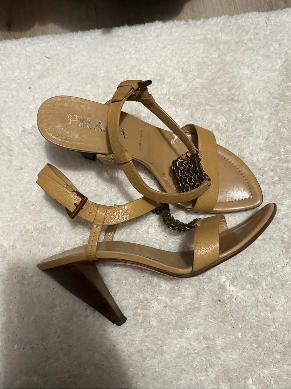 Prada Tan Leather Chain-Detail Heeled Sandals 37